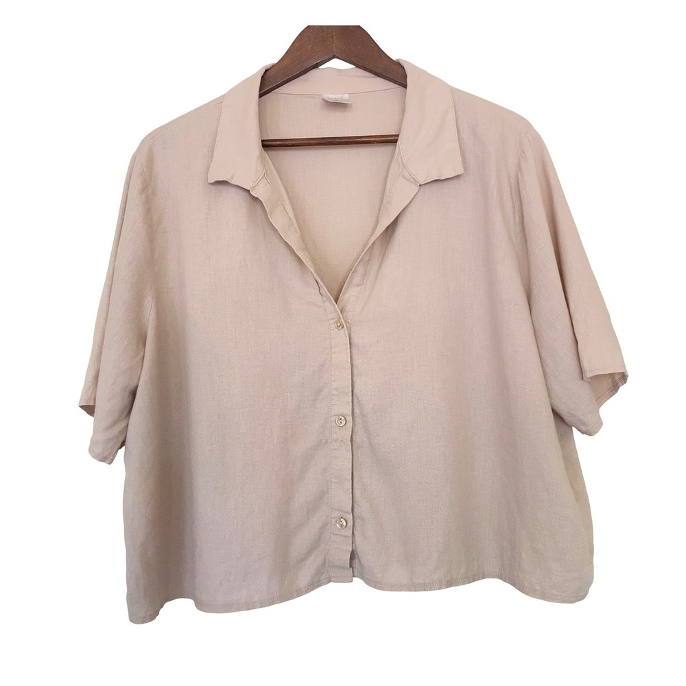 Shade & Shore Women Short Sleeve Button Down XL Tan Linen Blend Boxy Shirt